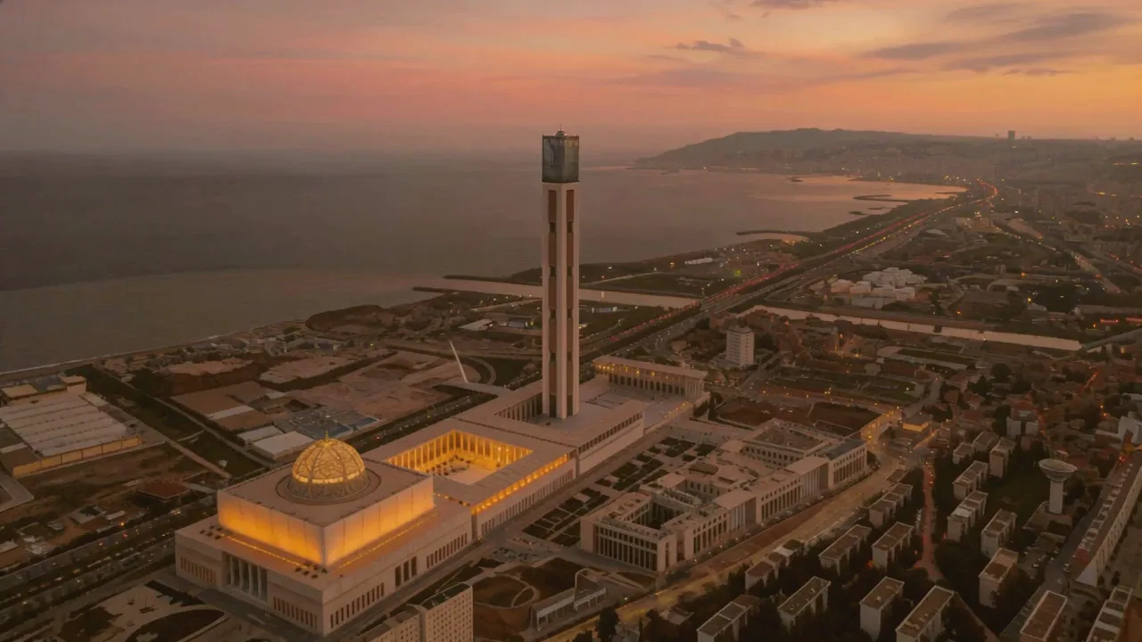 The Great Mosque of Algiers from the air at maghreb, its minaret rising over the bay.
